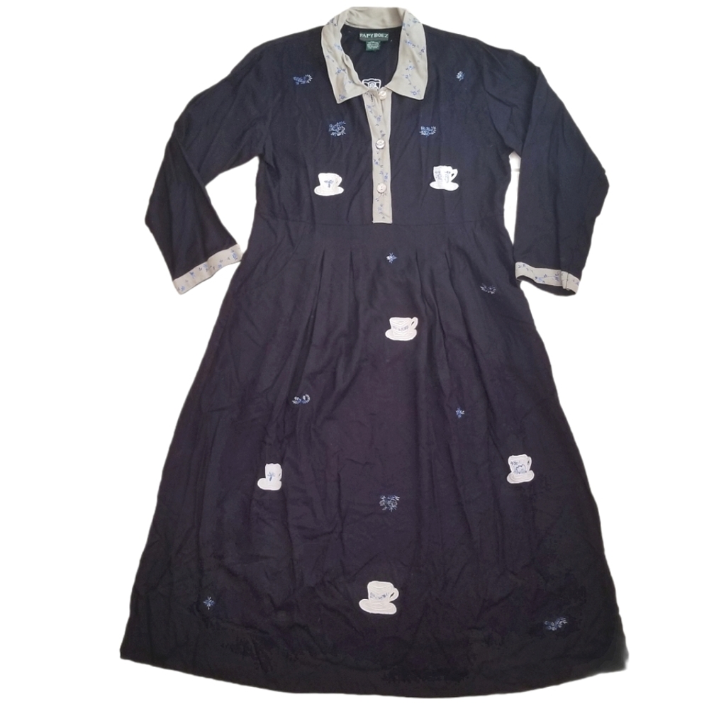 PAPY BOEZ Dress M/L Peasant Prairie Floral Teacups Embroidered Navy Blue